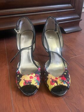 Bakers Black Peep-Toe Ankle-Strap Heels with Yellow and Red Splash Print